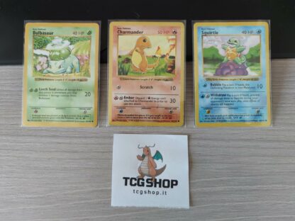 Pokémon SET Base Shadowless cards: Bulbasaur, Charmander e Squirtle